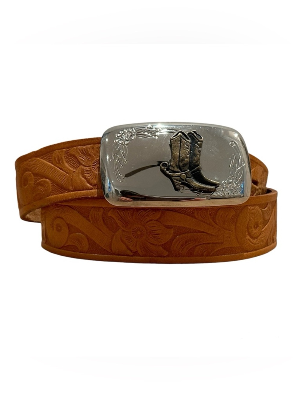Genuine Leather Western Floral Embossed Belt with Cowboy Buckle